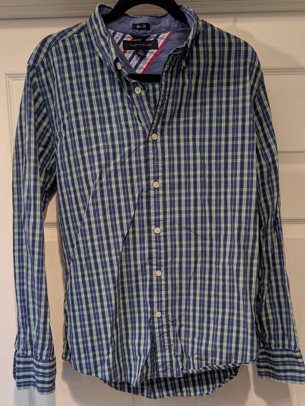 Tommy Hilfiger Men's Green Blue Slim Fit Plaid Button-Down Shirt Size Large